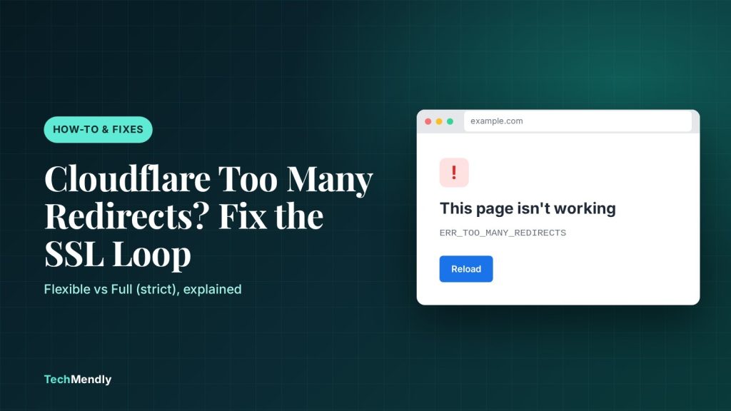 Cloudflare too many redirects error in a browser window, with the TechMendly guide title