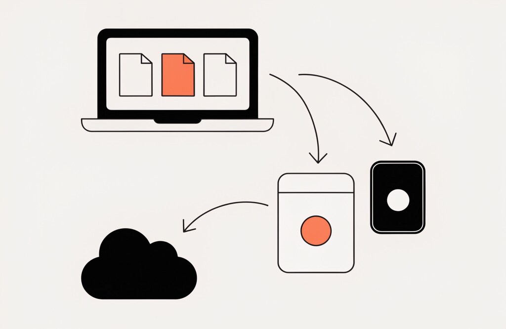 Illustration of the 3-2-1 backup rule: a laptop with the original files, two storage drives and one offsite cloud copy joined by arrows