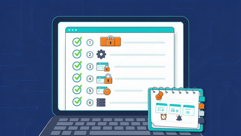 Checklist on a laptop screen for verifying SSL after fixing AutoSSL with Cloudflare, with a padlock and expiry reminder