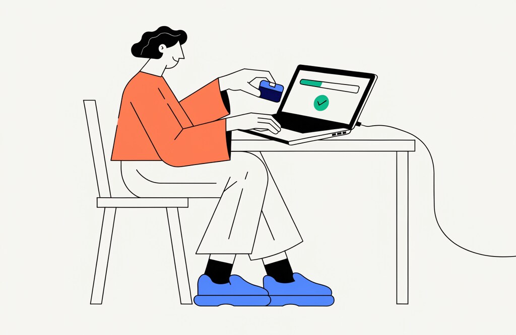 Flat illustration of a person at a desk plugging a small portable drive into a laptop with a backup progress bar and a green check on the screen
