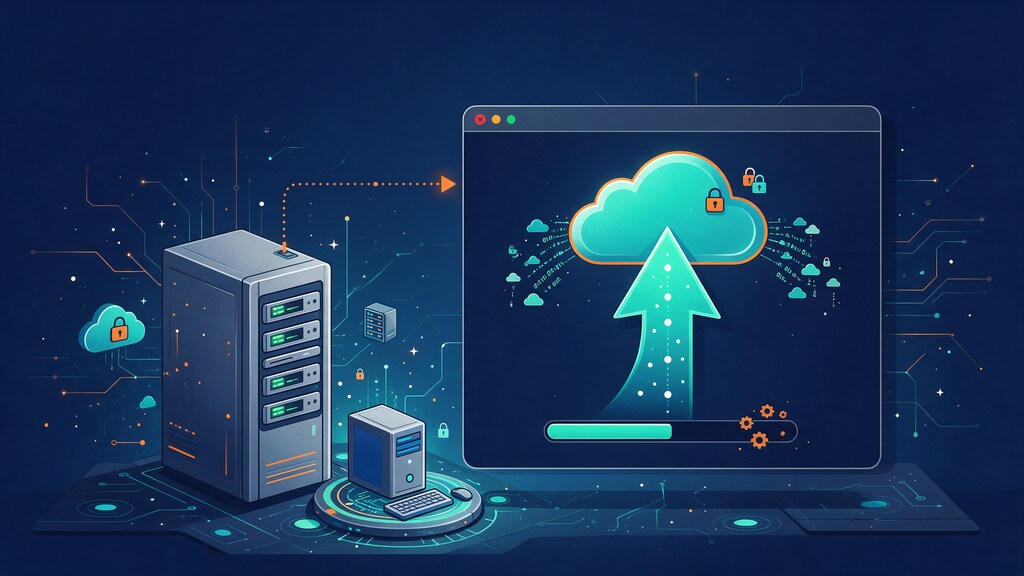 Flat illustration of a server and browser window with a backup cloud and an upward update arrow
