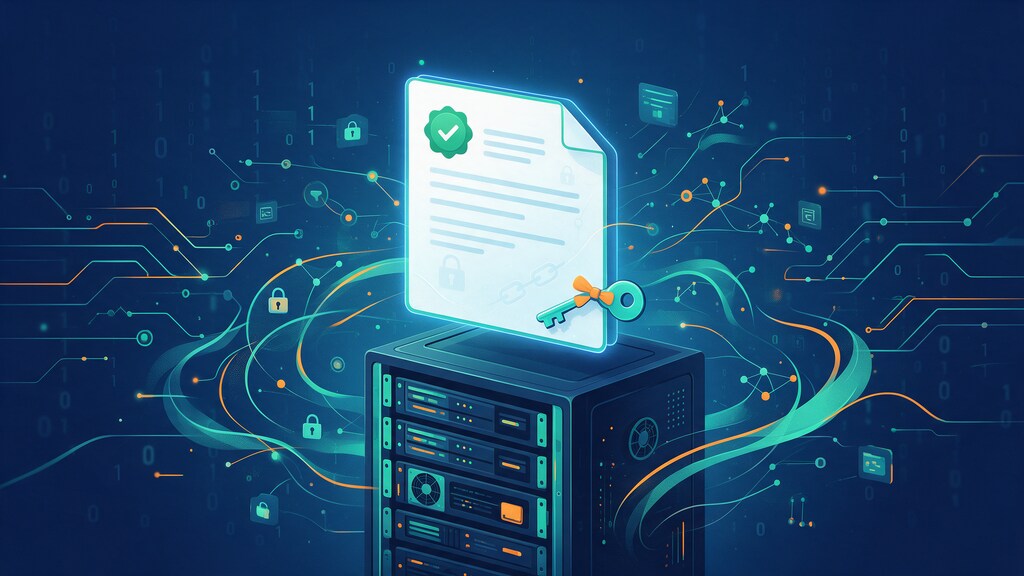 Illustration of a Cloudflare Origin CA certificate with a checkmark and key installed on a cPanel server