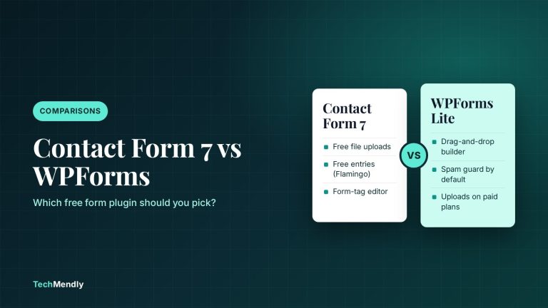 Contact Form 7 vs WPForms comparison cover showing free file uploads and Flamingo entries against the WPForms drag-and-drop builder