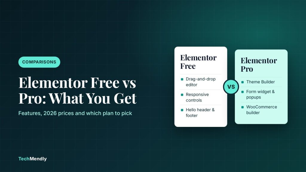 TechMendly cover comparing Elementor free vs Pro: editor and Hello header on free, Theme Builder, forms and WooCommerce on Pro