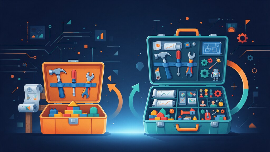 Flat illustration of a small basic toolbox beside a larger toolbox full of extra tools, showing Elementor free vs Pro