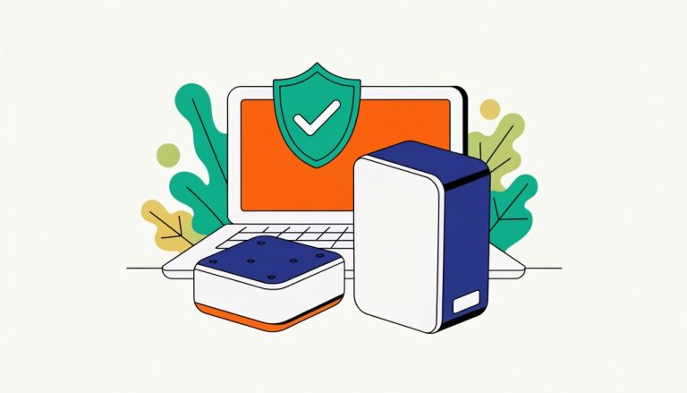 Flat illustration of a compact portable SSD and a larger external hard drive beside a laptop with a green check shield, for a portable SSD vs external hard drive backup comparison