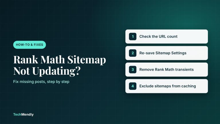 Cover graphic for the guide to fixing a Rank Math sitemap that is not updating, with four steps from checking the URL count to excluding sitemaps from caching