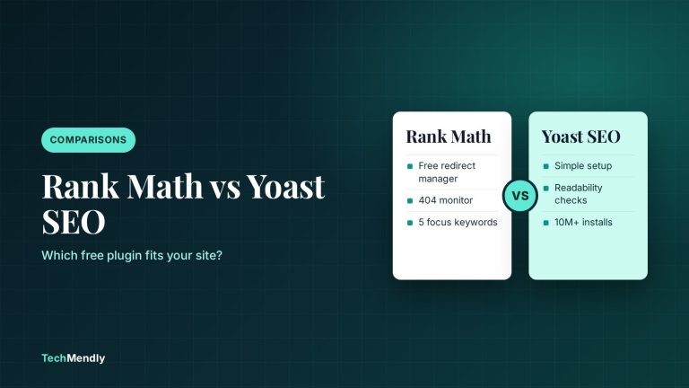 Rank Math vs Yoast SEO comparison cover showing three strengths of each free WordPress SEO plugin