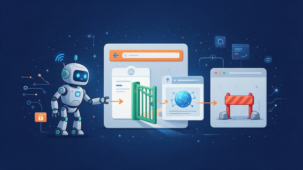 Illustration of a crawler robot facing one open gate and one blocked gate, showing how robots.txt allows or blocks crawling