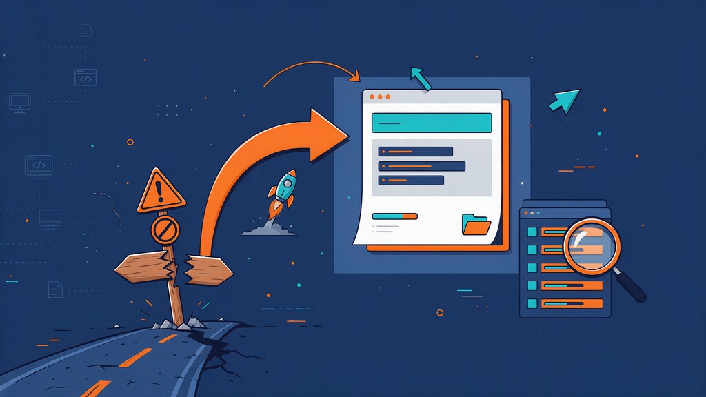 Illustration of a broken path redirected by arrows to a working page, with a magnifying glass over a list of links