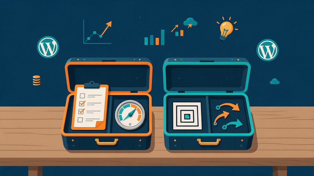 Illustration of two open toolboxes side by side, one with a checklist and gauge and one with a sitemap and redirect arrows, representing two WordPress SEO plugins