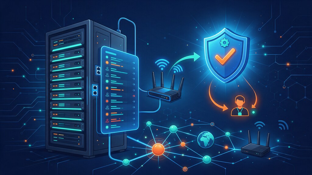 Illustration of a server rack with a log list and a shield with a checkmark, representing verifying crawler visits in server logs