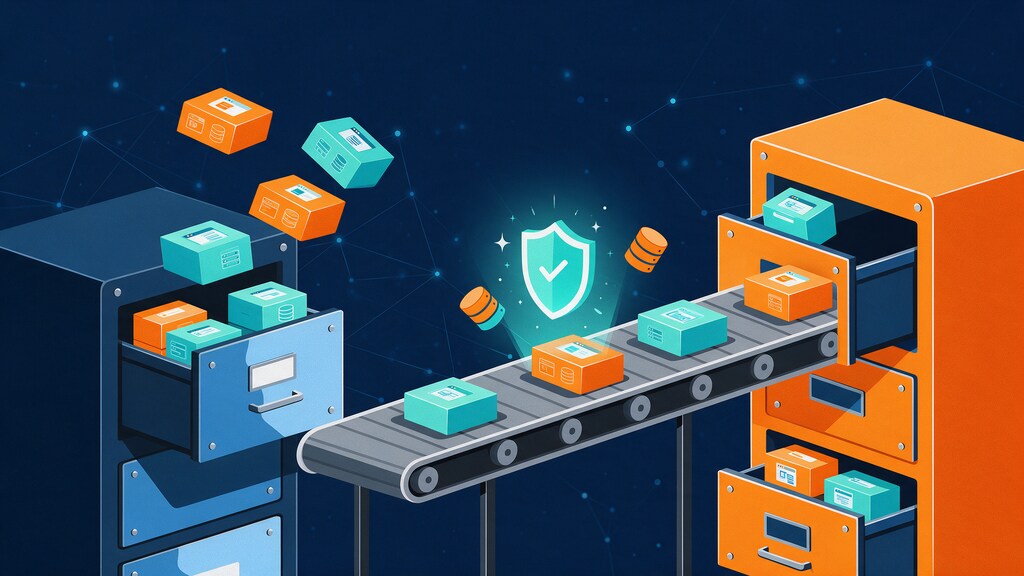 Illustration of data boxes moving between two filing cabinets with a backup shield beside them