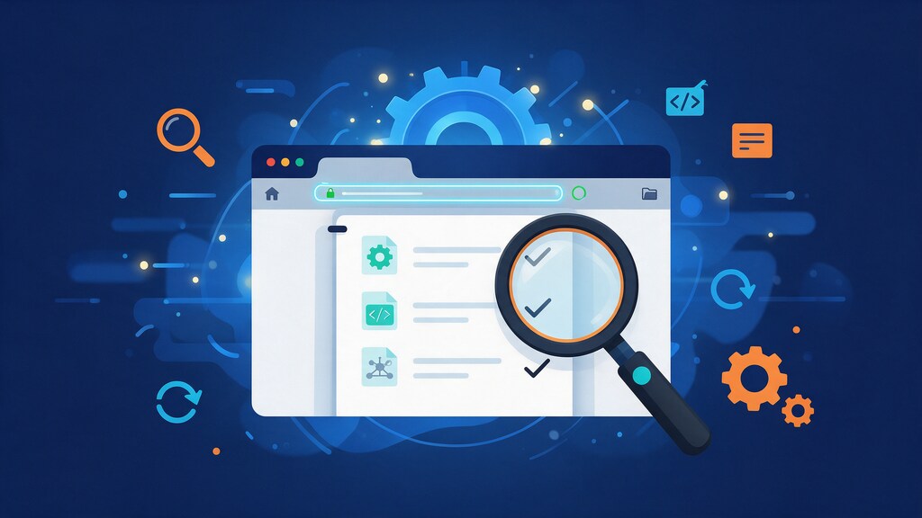 Illustration of a magnifying glass over a browser window with a three-item checklist, representing a live URL test