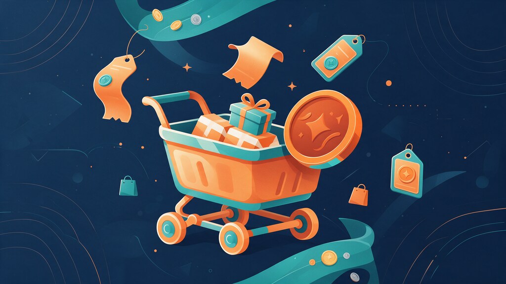 Flat illustration of a shopping cart beside one large coin with price tags floating around it, showing that a store has a single base currency