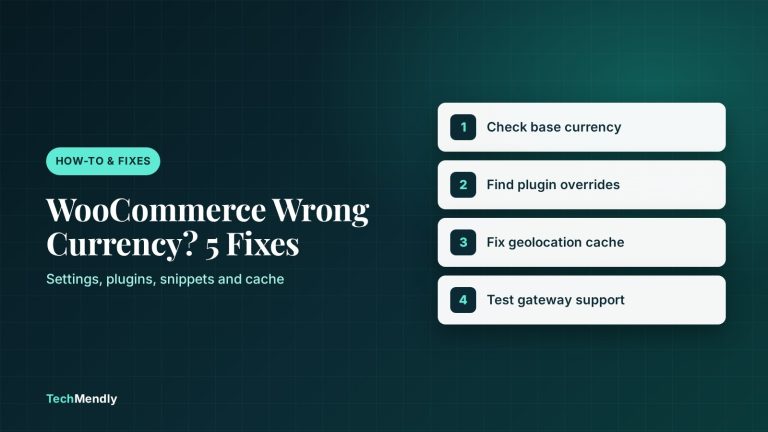 Branded cover for a guide on fixing WooCommerce showing wrong currency, with four fix steps