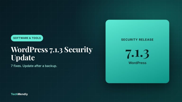 WordPress 7.1.3 security update cover graphic showing 7 fixes and the advice to update after a backup