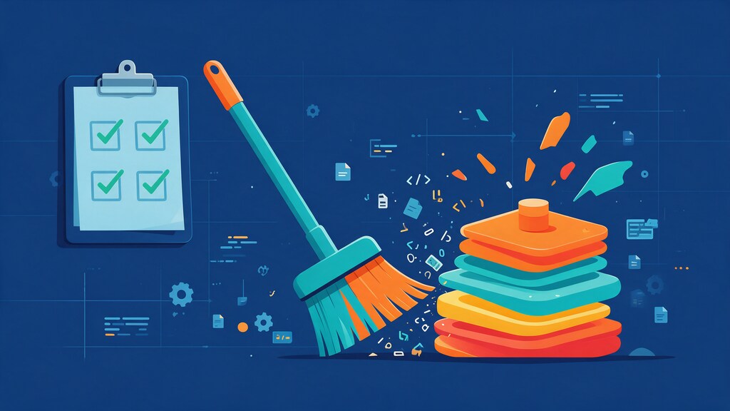 Flat illustration of a ticked checklist beside a broom sweeping layers of cached data